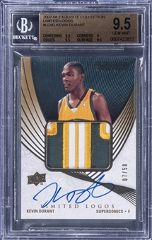 2007-08 UD "Exquisite Collection" Limited Logos #LLKD Kevin Durant Signed Patch Rookie Card (#07/50) - BGS GEM MINT 9.5/BGS 10 - Durants Jersey Number! 